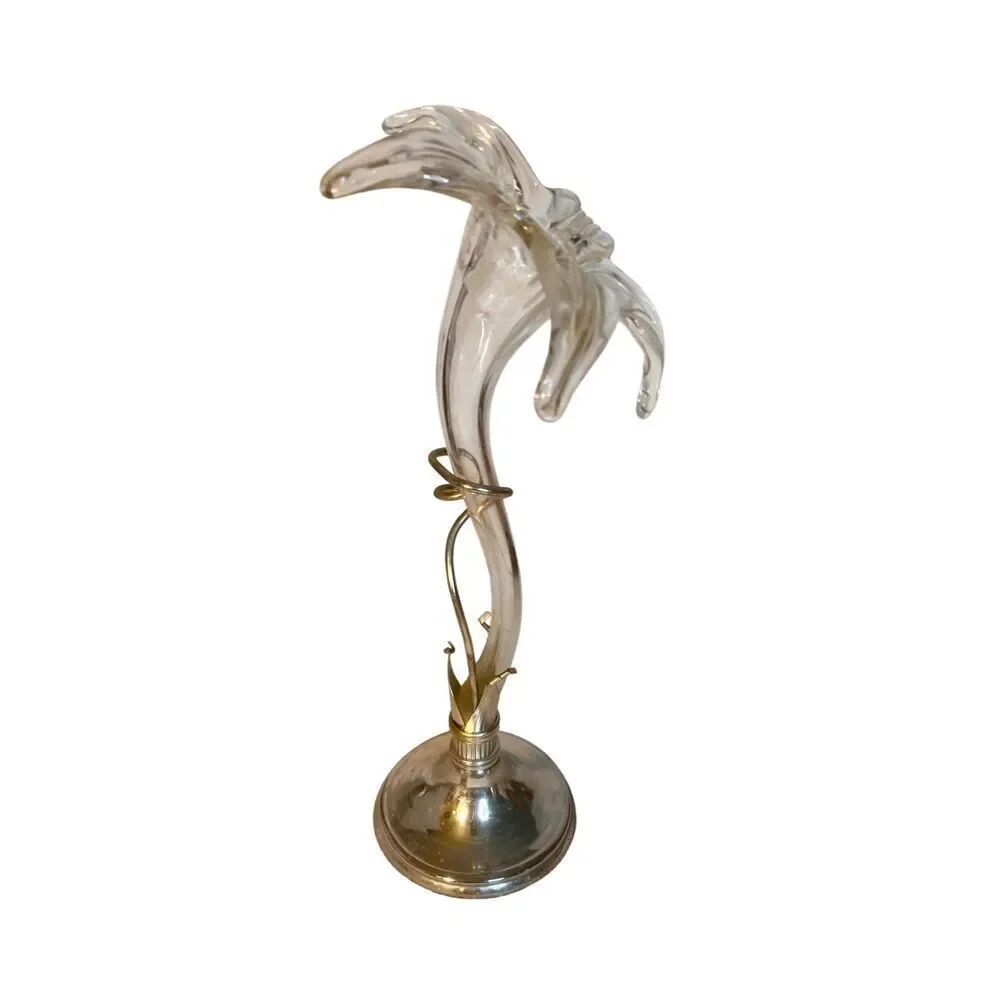 Vintage Mid Century Blown Glass Lily Vase Art In Silver Tone Base